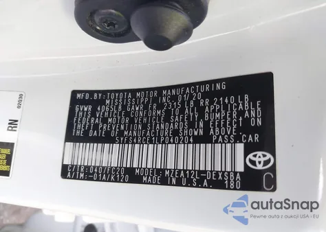 2020 Toyota Corolla Se z USA, uszkodzony, nr VIN 5YFS4RCE1LP040204